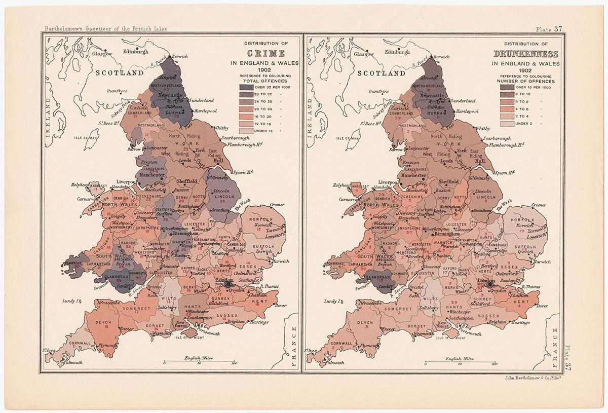 Bartholomew, Distribution of Crime & Drunkenness in England & Wales, 1904
